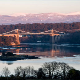 Menai Straits Bridge At Sunset. North Wales.