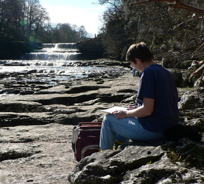 Anne drawing at Aysgarth Falls, Yorkshire.