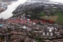 Pic shows:- aerial view of Chatham, Kent, with the Historic Dockyard in the background, all alongside the River Medway.