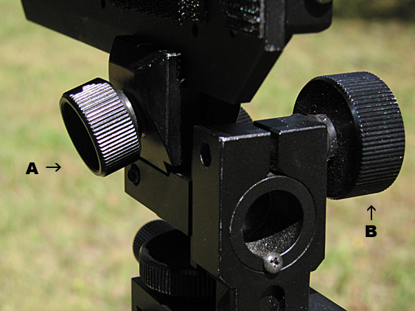 The rear standard of the Toho showing the repositioned knobs allowing the front and rear standards to be brought closer together